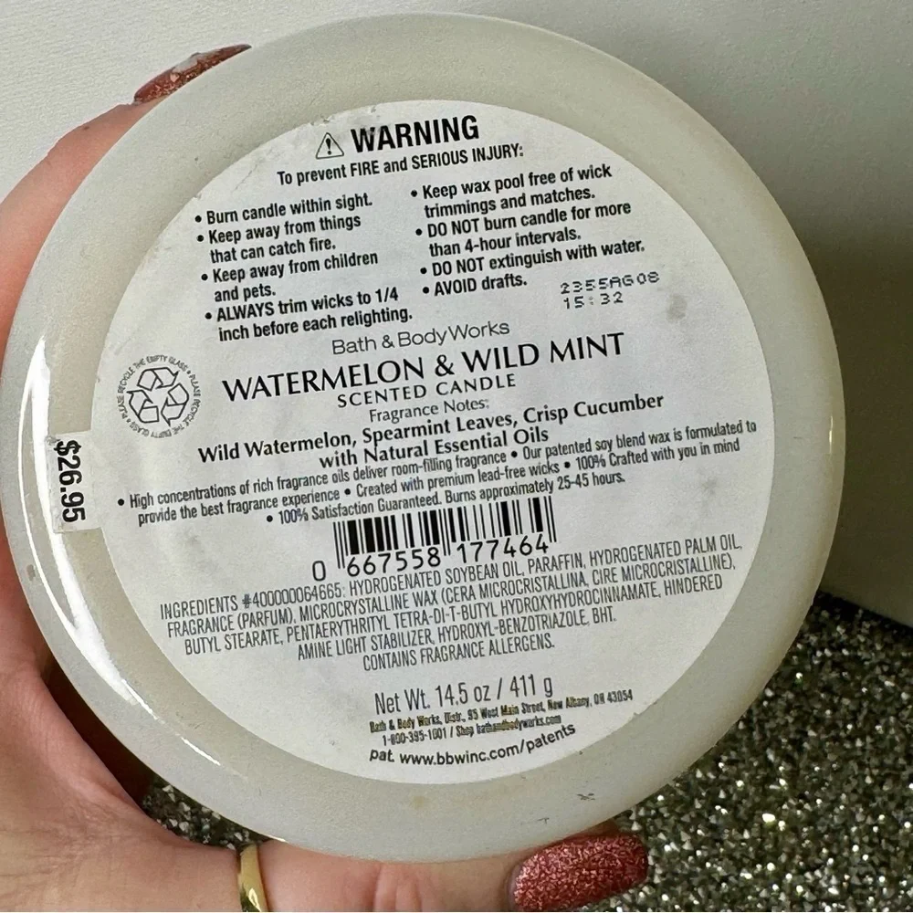 Bath and Body Works 3 Wick Candle Watermelon & Wild Mint Limited Edition NWT